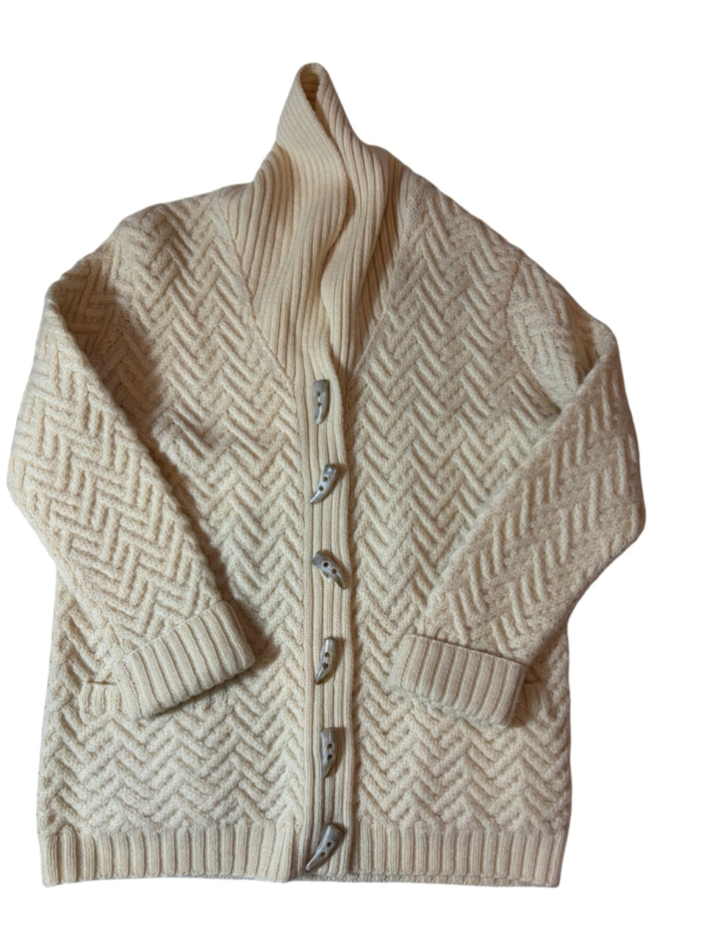 Nordic Design 100% Wool Cable Knit Toggle Cardigan Sweater Small Cream